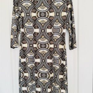 Geometric-Print Long Sleeve Midi Dress in Brown and Cream